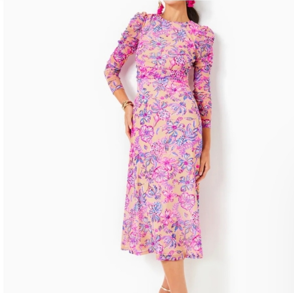 Lilly Pulitzer Pink Floral Midi Dress Size M Long Sleeve Stretch